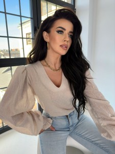 Bawełniana koszula z bufiastym rękawem i ozdobnym mankietem- beżowa