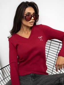 Bordowa bawełniana bluzka casual z dekoltem V i długim rękawem