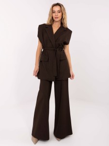 Ciemnobrązowa kamizelka garniturowa w paski z paskiem w talii