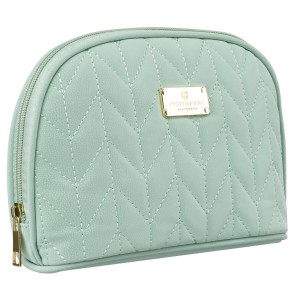 Półokrągła zielona kosmetyczka damska z eko- skóry w jodełkę