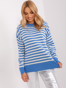 Dzianinowy sweter oversize w paski- błękitny